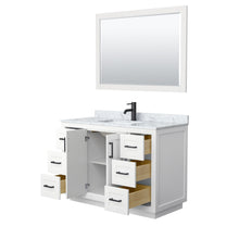 Load image into Gallery viewer, Wyndham Collection WCF292948SWBCMUNSM46 Miranda 48 Inch Single Bathroom Vanity in White, White Carrara Marble Countertop, Undermount Square Sink, Matte Black Trim, 46 Inch Mirror