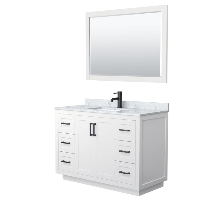 Wyndham Collection WCF292948SWBCMUNSM46 Miranda 48 Inch Single Bathroom Vanity in White, White Carrara Marble Countertop, Undermount Square Sink, Matte Black Trim, 46 Inch Mirror