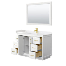 Load image into Gallery viewer, Wyndham Collection WCF292948SWGC2UNSM46 Miranda 48 Inch Single Bathroom Vanity in White, Light-Vein Carrara Cultured Marble Countertop, Undermount Square Sink, Brushed Gold Trim, 46 Inch Mirror
