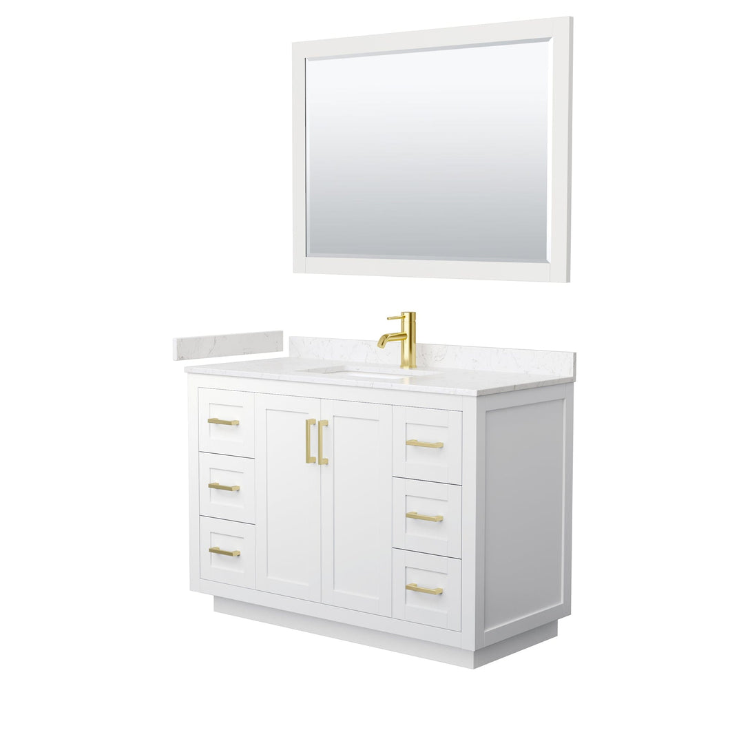 Wyndham Collection WCF292948SWGC2UNSM46 Miranda 48 Inch Single Bathroom Vanity in White, Light-Vein Carrara Cultured Marble Countertop, Undermount Square Sink, Brushed Gold Trim, 46 Inch Mirror