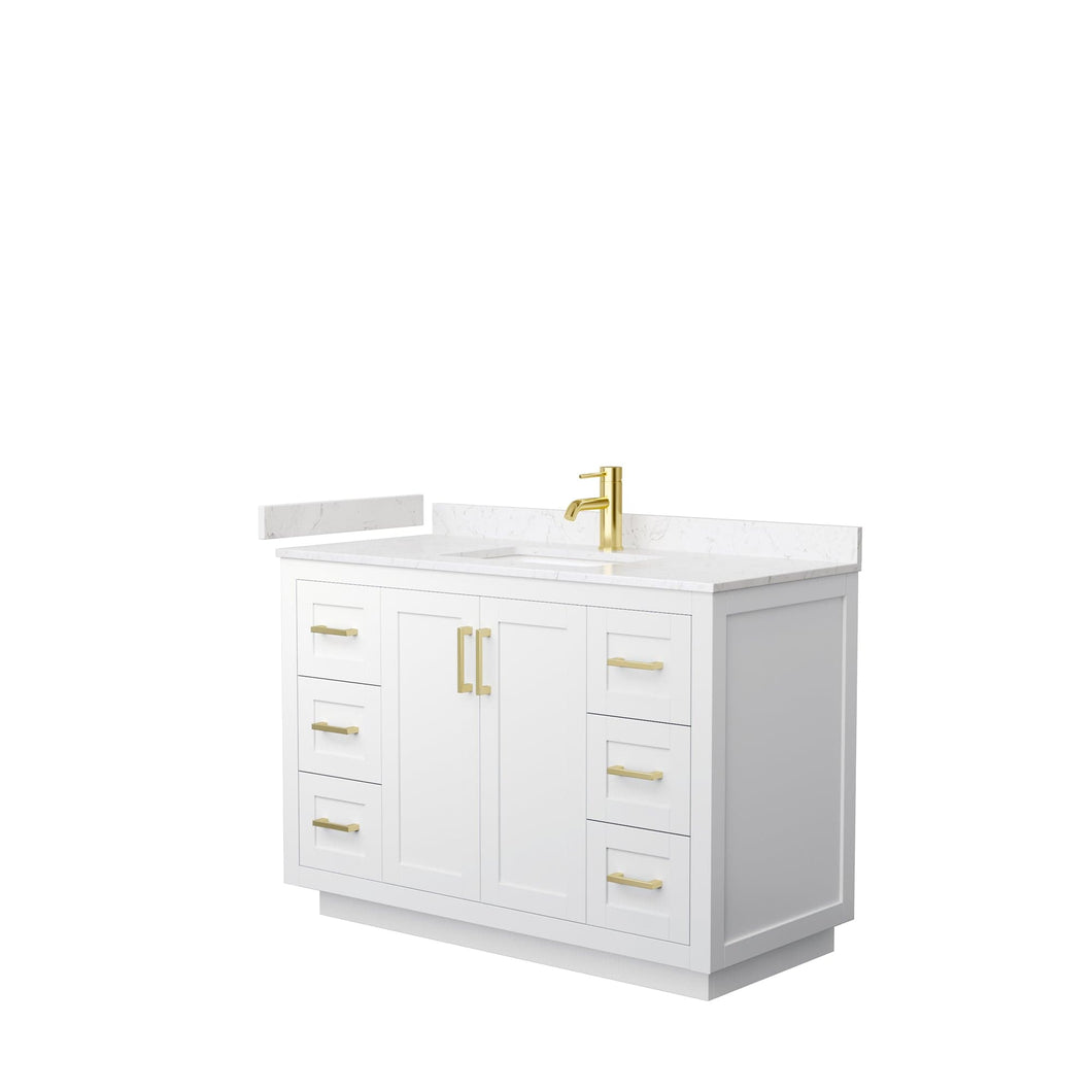 Wyndham Collection WCF292948SWGC2UNSMXX Miranda 48 Inch Single Bathroom Vanity in White, Light-Vein Carrara Cultured Marble Countertop, Undermount Square Sink, Brushed Gold Trim