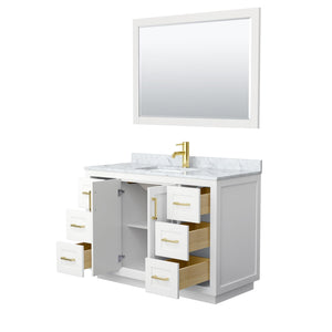 Wyndham Collection WCF292948SWGCMUNSM46 Miranda 48 Inch Single Bathroom Vanity in White, White Carrara Marble Countertop, Undermount Square Sink, Brushed Gold Trim, 46 Inch Mirror