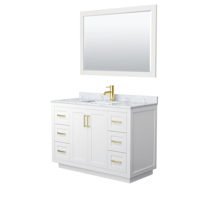 Wyndham Collection WCF292948SWGCMUNSM46 Miranda 48 Inch Single Bathroom Vanity in White, White Carrara Marble Countertop, Undermount Square Sink, Brushed Gold Trim, 46 Inch Mirror