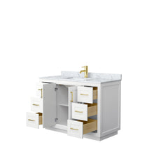 Load image into Gallery viewer, Wyndham Collection WCF292948SWGCMUNSMXX Miranda 48 Inch Single Bathroom Vanity in White, White Carrara Marble Countertop, Undermount Square Sink, Brushed Gold Trim
