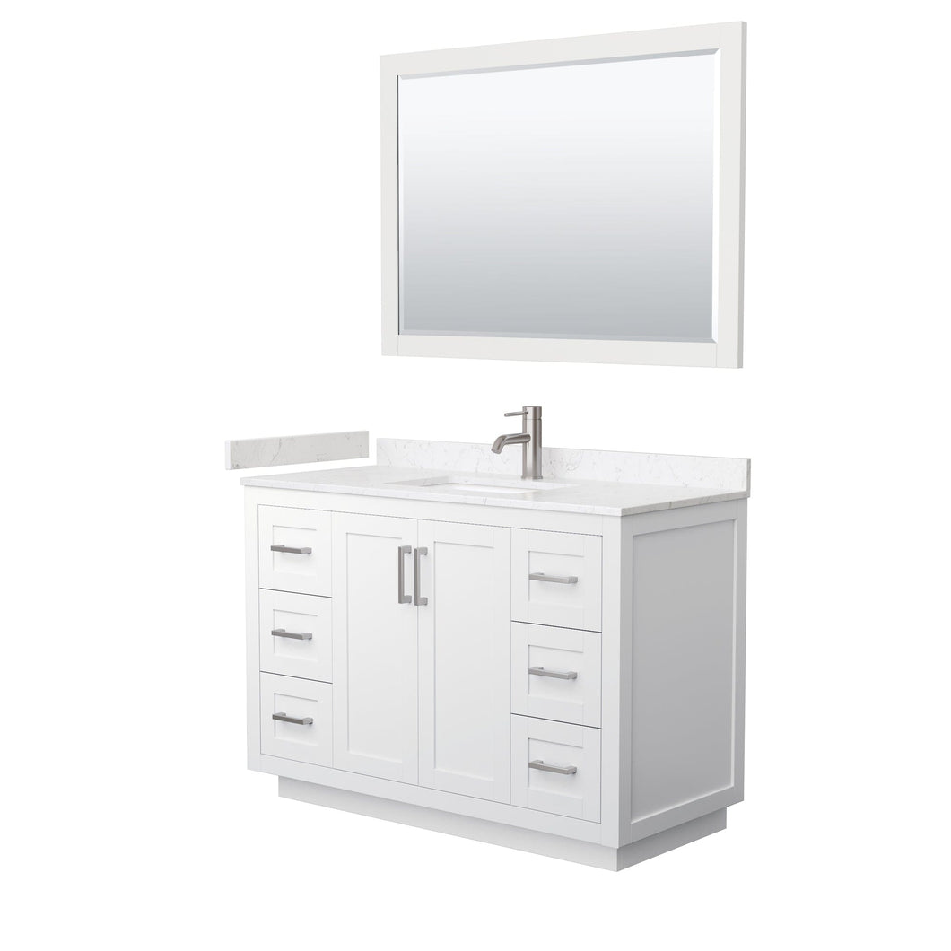 Wyndham Collection WCF292948SWHC2UNSM46 Miranda 48 Inch Single Bathroom Vanity in White, Light-Vein Carrara Cultured Marble Countertop, Undermount Square Sink, Brushed Nickel Trim, 46 Inch Mirror