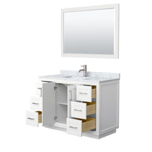 Load image into Gallery viewer, Wyndham Collection WCF292948SWHCMUNSM46 Miranda 48 Inch Single Bathroom Vanity in White, White Carrara Marble Countertop, Undermount Square Sink, Brushed Nickel Trim, 46 Inch Mirror