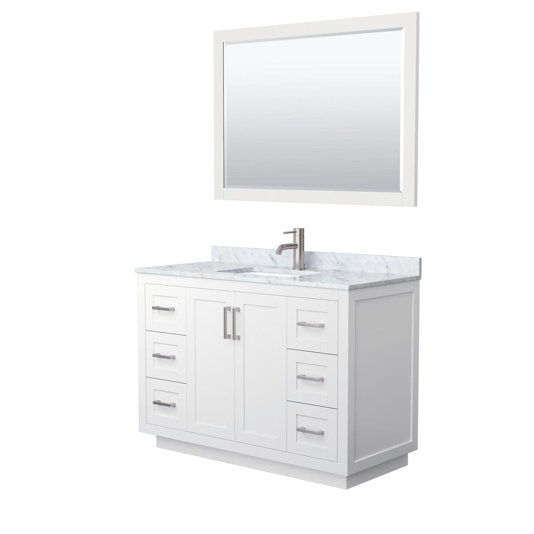 Wyndham Collection WCF292948SWHCMUNSM46 Miranda 48 Inch Single Bathroom Vanity in White, White Carrara Marble Countertop, Undermount Square Sink, Brushed Nickel Trim, 46 Inch Mirror