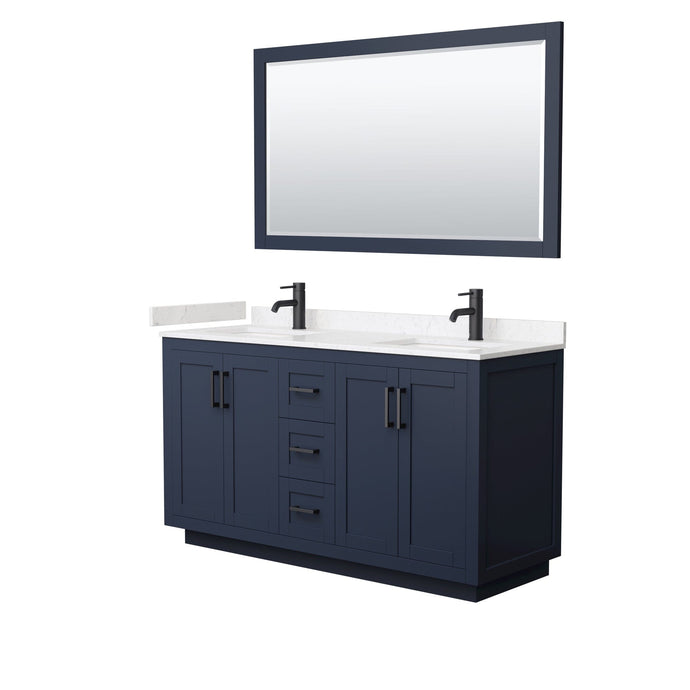 Wyndham Collection WCF292960DBBC2UNSM58 Miranda 60 Inch Double Bathroom Vanity in Dark Blue, Light-Vein Carrara Cultured Marble Countertop, Undermount Square Sinks, Matte Black Trim, 58 Inch Mirror