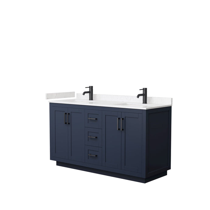 Wyndham Collection WCF292960DBBC2UNSMXX Miranda 60 Inch Double Bathroom Vanity in Dark Blue, Light-Vein Carrara Cultured Marble Countertop, Undermount Square Sinks, Matte Black Trim