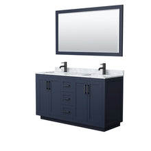 Load image into Gallery viewer, Wyndham Collection WCF292960DBBCMUNSM58 Miranda 60 Inch Double Bathroom Vanity in Dark Blue, White Carrara Marble Countertop, Undermount Square Sinks, Matte Black Trim, 58 Inch Mirror