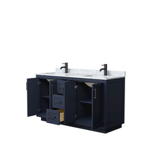 Load image into Gallery viewer, Wyndham Collection WCF292960DBBCMUNSMXX Miranda 60 Inch Double Bathroom Vanity in Dark Blue, White Carrara Marble Countertop, Undermount Square Sinks, Matte Black Trim