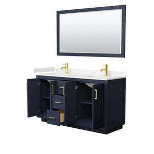 Wyndham Collection WCF292960DBLC2UNSM58 Miranda 60 Inch Double Bathroom Vanity in Dark Blue, Light-Vein Carrara Cultured Marble Countertop, Undermount Square Sinks, Brushed Gold Trim, 58 Inch Mirror