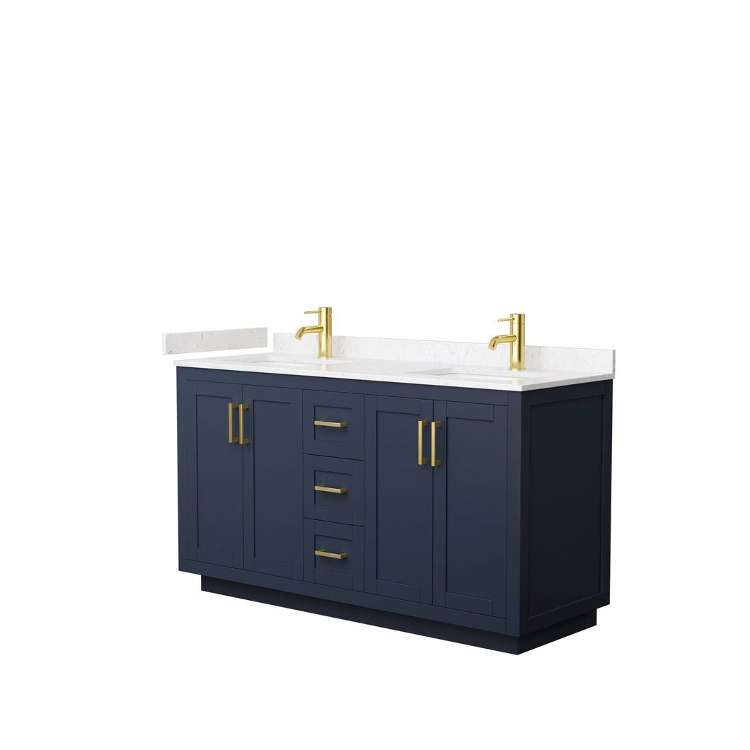 Wyndham Collection WCF292960DBLC2UNSMXX Miranda 60 Inch Double Bathroom Vanity in Dark Blue, Light-Vein Carrara Cultured Marble Countertop, Undermount Square Sinks, Brushed Gold Trim
