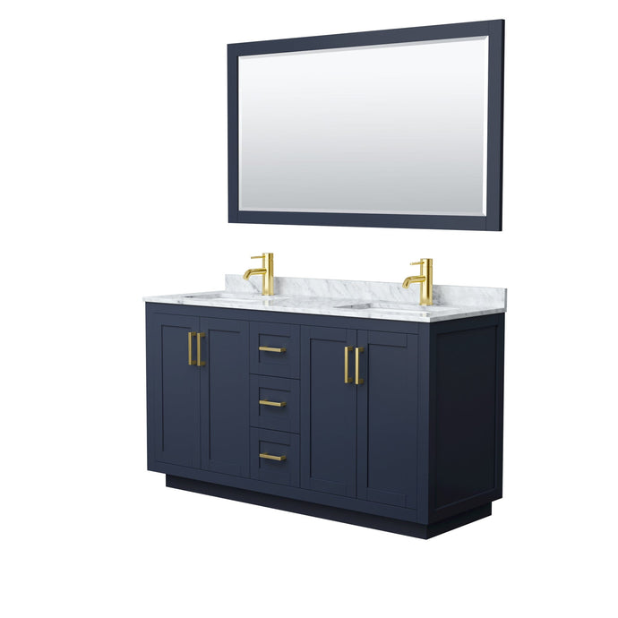 Wyndham Collection WCF292960DBLCMUNSM58 Miranda 60 Inch Double Bathroom Vanity in Dark Blue, White Carrara Marble Countertop, Undermount Square Sinks, Brushed Gold Trim, 58 Inch Mirror