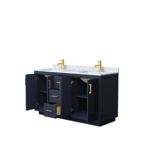Wyndham Collection WCF292960DBLCMUNSMXX Miranda 60 Inch Double Bathroom Vanity in Dark Blue, White Carrara Marble Countertop, Undermount Square Sinks, Brushed Gold Trim