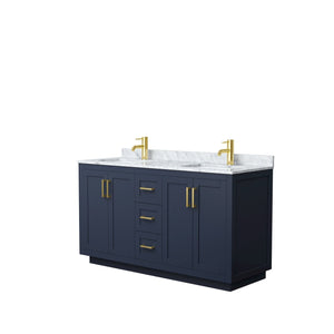 Wyndham Collection WCF292960DBLCMUNSMXX Miranda 60 Inch Double Bathroom Vanity in Dark Blue, White Carrara Marble Countertop, Undermount Square Sinks, Brushed Gold Trim