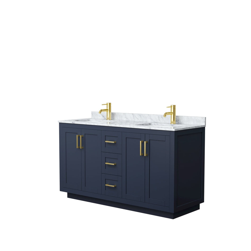 Wyndham Collection WCF292960DBLCMUNSMXX Miranda 60 Inch Double Bathroom Vanity in Dark Blue, White Carrara Marble Countertop, Undermount Square Sinks, Brushed Gold Trim
