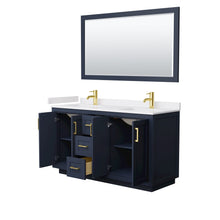 Load image into Gallery viewer, Wyndham Collection WCF292960DBLWCUNSM58 Miranda 60 Inch Double Bathroom Vanity in Dark Blue, White Cultured Marble Countertop, Undermount Square Sinks, Brushed Gold Trim, 58 Inch Mirror