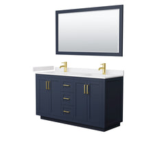 Load image into Gallery viewer, Wyndham Collection WCF292960DBLWCUNSM58 Miranda 60 Inch Double Bathroom Vanity in Dark Blue, White Cultured Marble Countertop, Undermount Square Sinks, Brushed Gold Trim, 58 Inch Mirror