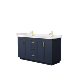 Wyndham Collection WCF292960DBLWCUNSMXX Miranda 60 Inch Double Bathroom Vanity in Dark Blue, White Cultured Marble Countertop, Undermount Square Sinks, Brushed Gold Trim