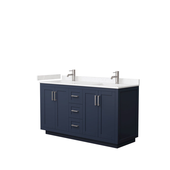 Wyndham Collection WCF292960DBNC2UNSMXX Miranda 60 Inch Double Bathroom Vanity in Dark Blue, Light-Vein Carrara Cultured Marble Countertop, Undermount Square Sinks, Brushed Nickel Trim
