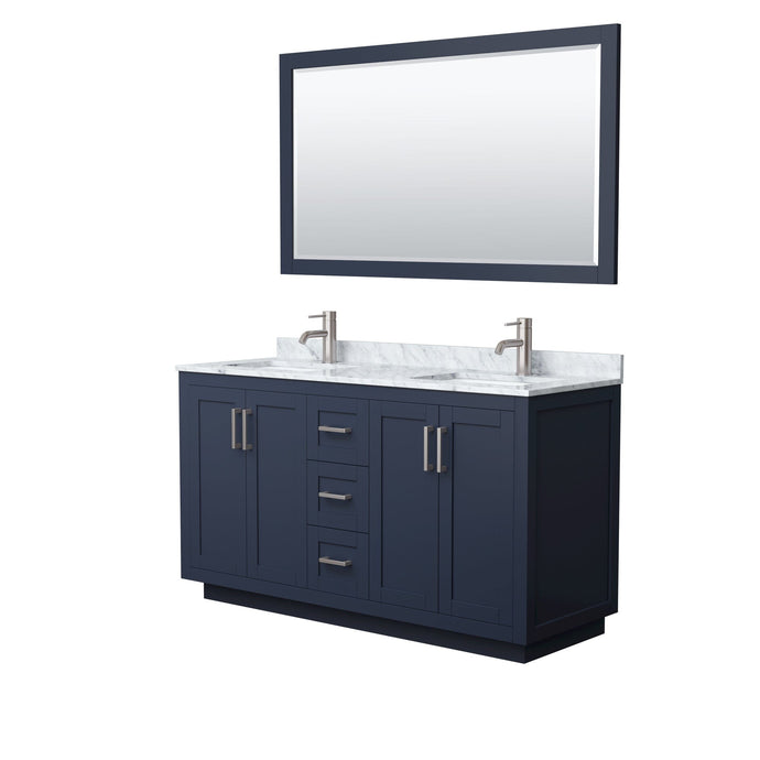 Wyndham Collection WCF292960DBNCMUNSM58 Miranda 60 Inch Double Bathroom Vanity in Dark Blue, White Carrara Marble Countertop, Undermount Square Sinks, Brushed Nickel Trim, 58 Inch Mirror