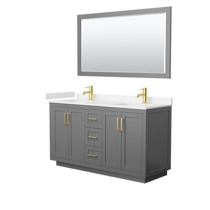 Wyndham Collection WCF292960DGGC2UNSM58 Miranda 60 Inch Double Bathroom Vanity in Dark Gray, Light-Vein Carrara Cultured Marble Countertop, Undermount Square Sinks, Brushed Gold Trim, 58 Inch Mirror