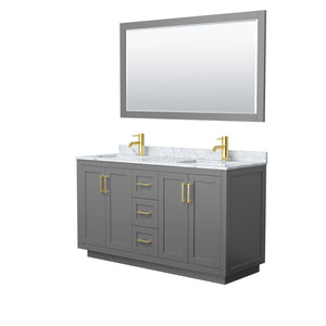 Wyndham Collection WCF292960DGGCMUNSM58 Miranda 60 Inch Double Bathroom Vanity in Dark Gray, White Carrara Marble Countertop, Undermount Square Sinks, Brushed Gold Trim, 58 Inch Mirror