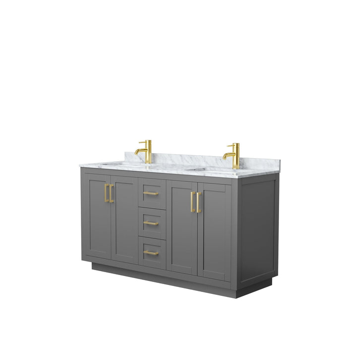 Wyndham Collection WCF292960DGGCMUNSMXX Miranda 60 Inch Double Bathroom Vanity in Dark Gray, White Carrara Marble Countertop, Undermount Square Sinks, Brushed Gold Trim
