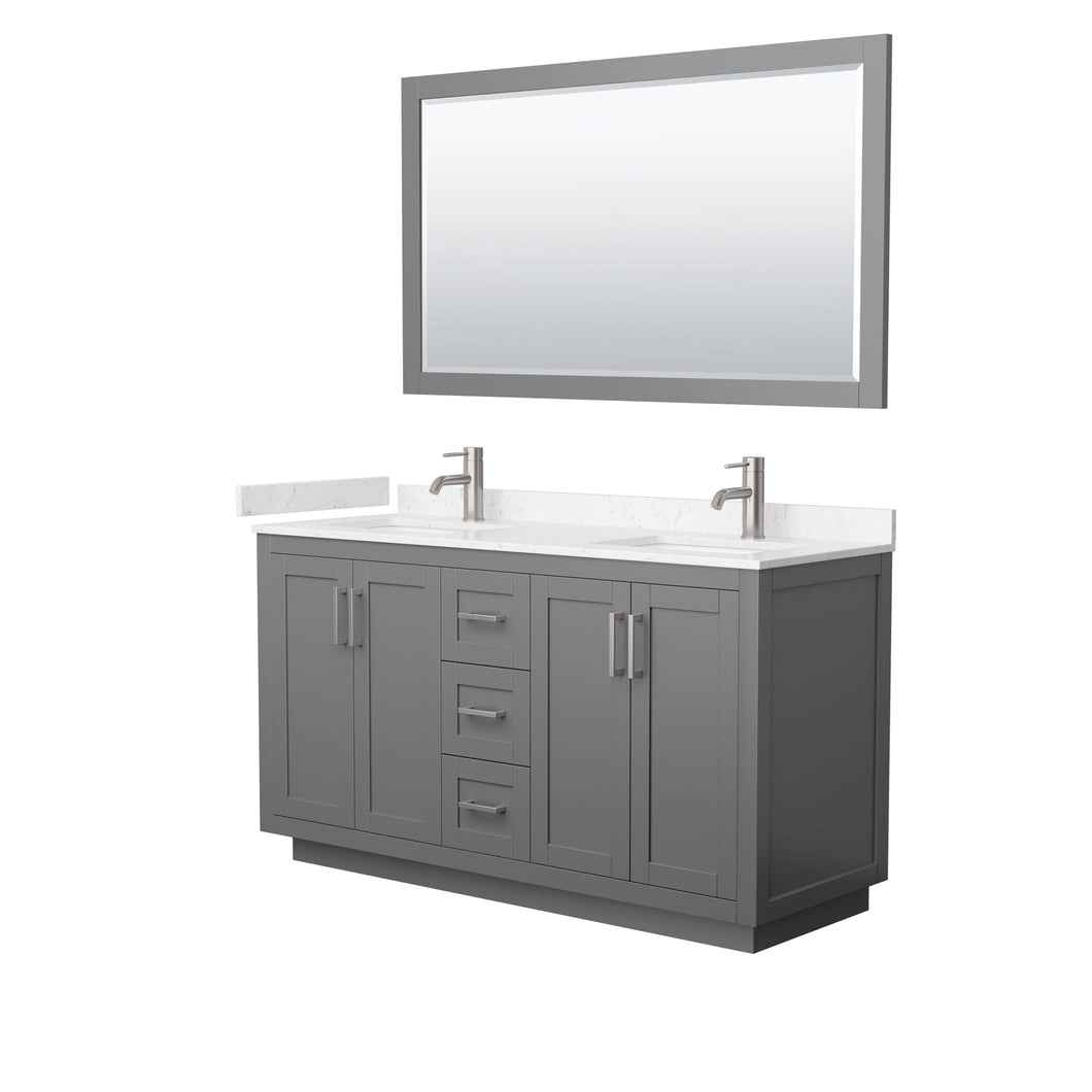 Wyndham Collection WCF292960DKGC2UNSM58 Miranda 60 Inch Double Bathroom Vanity in Dark Gray, Light-Vein Carrara Cultured Marble Countertop, Undermount Square Sinks, Brushed Nickel Trim, 58 Inch Mirror