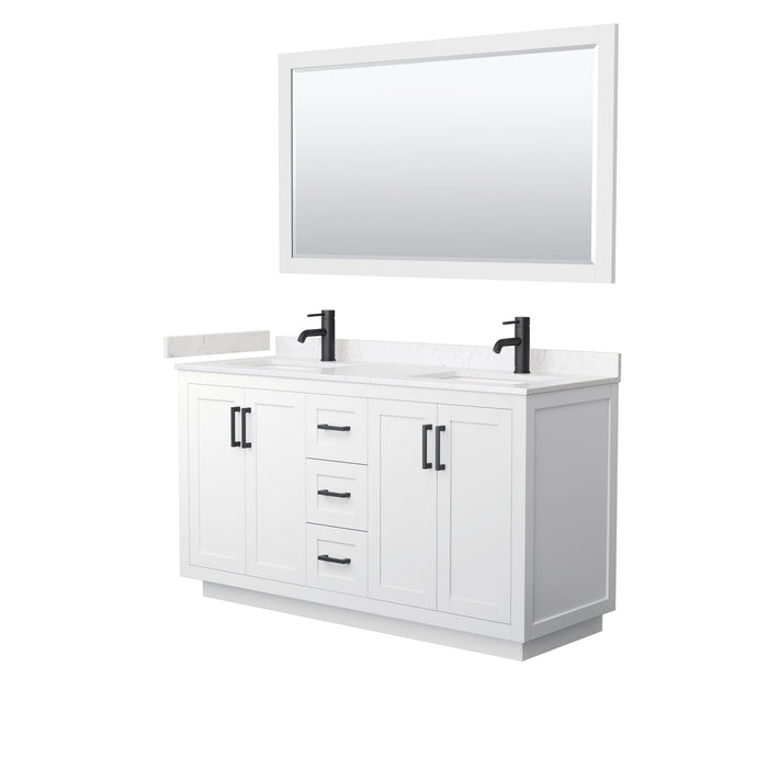 Wyndham Collection WCF292960DWBC2UNSM58 Miranda 60 Inch Double Bathroom Vanity in White, Light-Vein Carrara Cultured Marble Countertop, Undermount Square Sinks, Matte Black Trim, 58 Inch Mirror