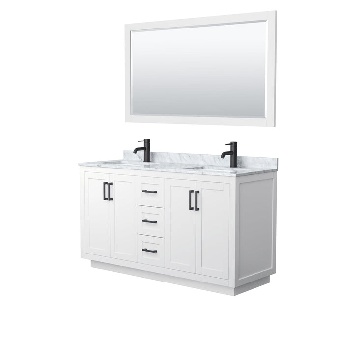 Wyndham Collection WCF292960DWBCMUNSM58 Miranda 60 Inch Double Bathroom Vanity in White, White Carrara Marble Countertop, Undermount Square Sinks, Matte Black Trim, 58 Inch Mirror