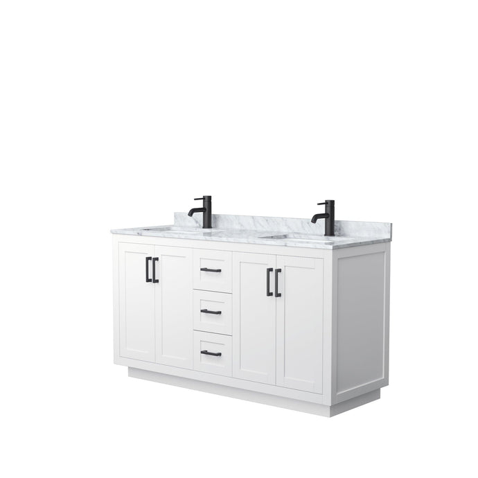 Wyndham Collection WCF292960DWBCMUNSMXX Miranda 60 Inch Double Bathroom Vanity in White, White Carrara Marble Countertop, Undermount Square Sinks, Matte Black Trim