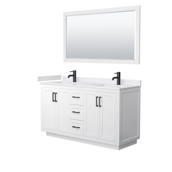 Wyndham Collection WCF292960DWBWCUNSM58 Miranda 60 Inch Double Bathroom Vanity in White, White Cultured Marble Countertop, Undermount Square Sinks, Matte Black Trim, 58 Inch Mirror