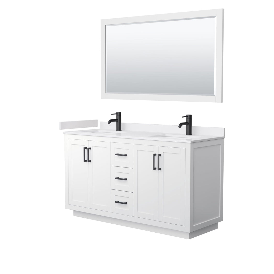 Wyndham Collection WCF292960DWBWCUNSM58 Miranda 60 Inch Double Bathroom Vanity in White, White Cultured Marble Countertop, Undermount Square Sinks, Matte Black Trim, 58 Inch Mirror