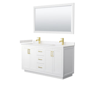 Wyndham Collection WCF292960DWGC2UNSM58 Miranda 60 Inch Double Bathroom Vanity in White, Light-Vein Carrara Cultured Marble Countertop, Undermount Square Sinks, Brushed Gold Trim, 58 Inch Mirror