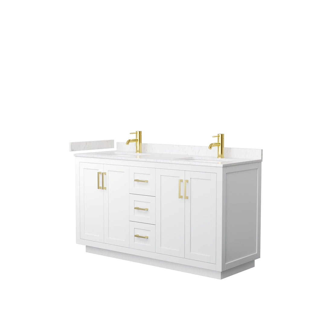Wyndham Collection WCF292960DWGC2UNSMXX Miranda 60 Inch Double Bathroom Vanity in White, Light-Vein Carrara Cultured Marble Countertop, Undermount Square Sinks, Brushed Gold Trim
