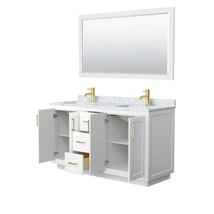 Wyndham Collection WCF292960DWGCMUNSM58 Miranda 60 Inch Double Bathroom Vanity in White, White Carrara Marble Countertop, Undermount Square Sinks, Brushed Gold Trim, 58 Inch Mirror