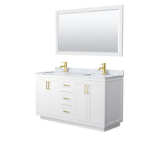 Load image into Gallery viewer, Wyndham Collection WCF292960DWGCMUNSM58 Miranda 60 Inch Double Bathroom Vanity in White, White Carrara Marble Countertop, Undermount Square Sinks, Brushed Gold Trim, 58 Inch Mirror