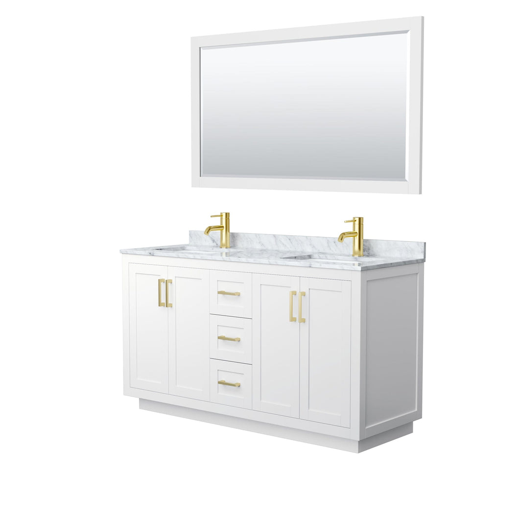 Wyndham Collection WCF292960DWGCMUNSM58 Miranda 60 Inch Double Bathroom Vanity in White, White Carrara Marble Countertop, Undermount Square Sinks, Brushed Gold Trim, 58 Inch Mirror
