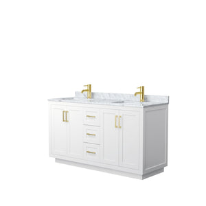 Wyndham Collection WCF292960DWGCMUNSMXX Miranda 60 Inch Double Bathroom Vanity in White, White Carrara Marble Countertop, Undermount Square Sinks, Brushed Gold Trim