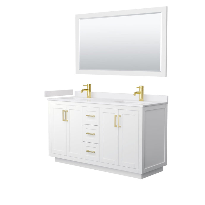Wyndham Collection WCF292960DWGWCUNSM58 Miranda 60 Inch Double Bathroom Vanity in White, White Cultured Marble Countertop, Undermount Square Sinks, Brushed Gold Trim, 58 Inch Mirror