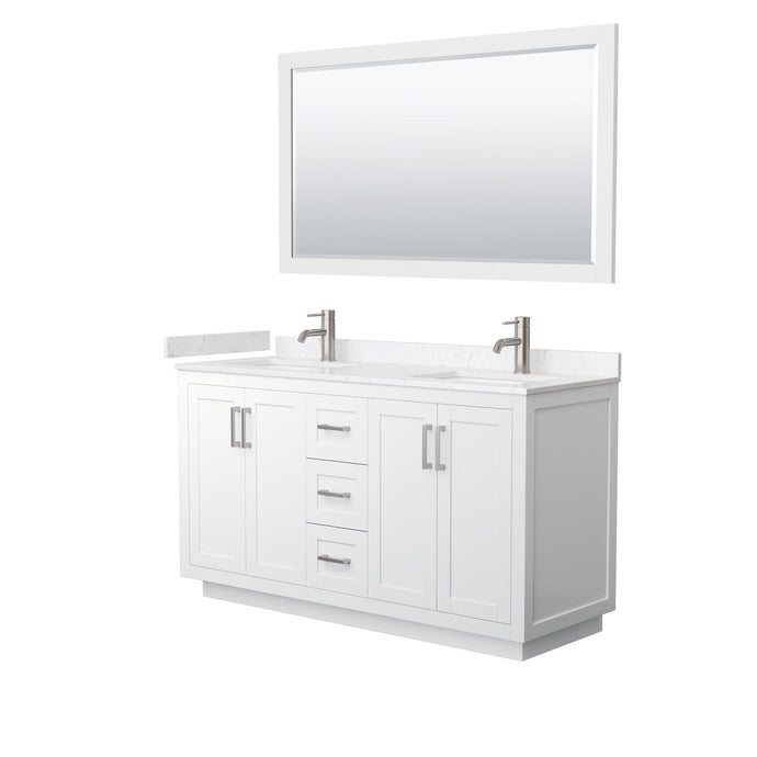 Wyndham Collection WCF292960DWHC2UNSM58 Miranda 60 Inch Double Bathroom Vanity in White, Light-Vein Carrara Cultured Marble Countertop, Undermount Square Sinks, Brushed Nickel Trim, 58 Inch Mirror