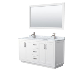 Wyndham Collection WCF292960DWHCMUNSM58 Miranda 60 Inch Double Bathroom Vanity in White, White Carrara Marble Countertop, Undermount Square Sinks, Brushed Nickel Trim, 58 Inch Mirror