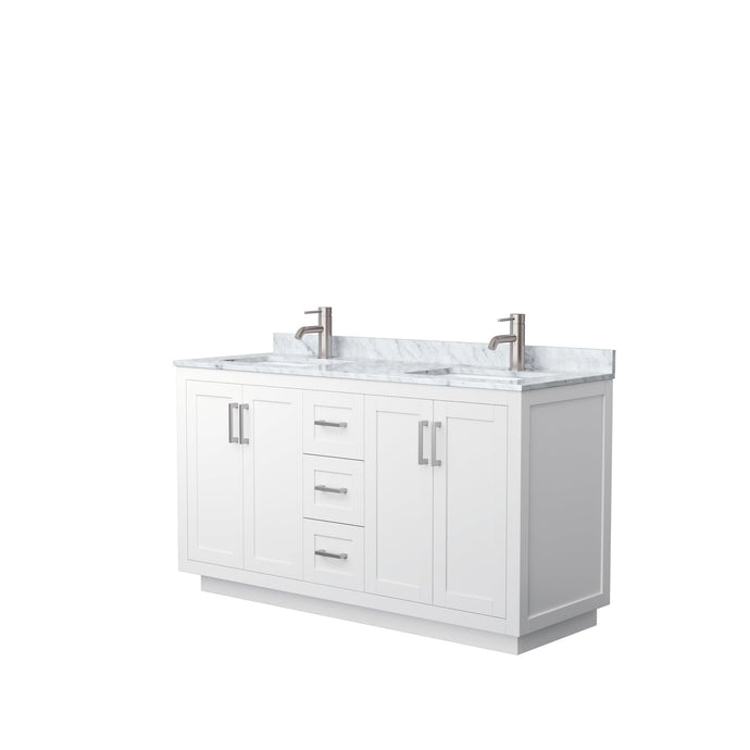 Wyndham Collection WCF292960DWHCMUNSMXX Miranda 60 Inch Double Bathroom Vanity in White, White Carrara Marble Countertop, Undermount Square Sinks, Brushed Nickel Trim