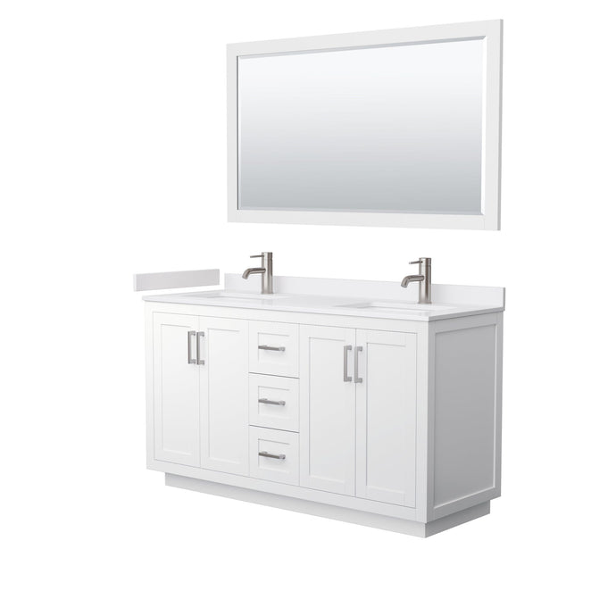 Wyndham Collection WCF292960DWHWCUNSM58 Miranda 60 Inch Double Bathroom Vanity in White, White Cultured Marble Countertop, Undermount Square Sinks, Brushed Nickel Trim, 58 Inch Mirror
