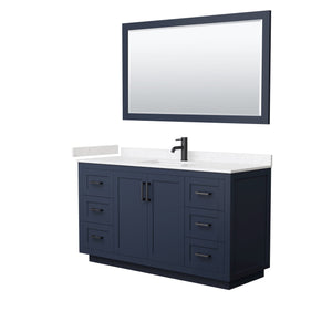 Wyndham Collection WCF292960SBBC2UNSM58 Miranda 60 Inch Single Bathroom Vanity in Dark Blue, Light-Vein Carrara Cultured Marble Countertop, Undermount Square Sink, Matte Black Trim, 58 Inch Mirror