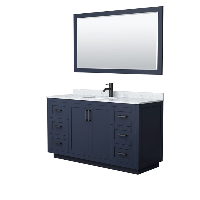 Wyndham Collection WCF292960SBBCMUNSM58 Miranda 60 Inch Single Bathroom Vanity in Dark Blue, White Carrara Marble Countertop, Undermount Square Sink, Matte Black Trim, 58 Inch Mirror