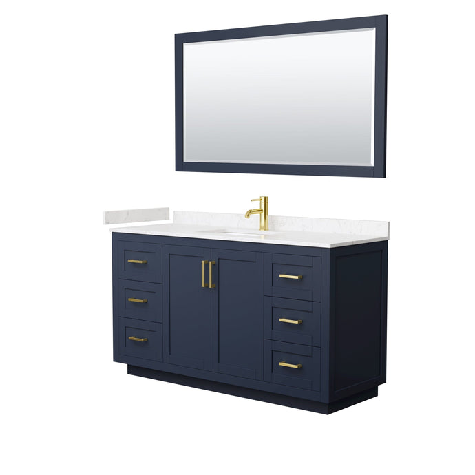 Wyndham Collection WCF292960SBLC2UNSM58 Miranda 60 Inch Single Bathroom Vanity in Dark Blue, Light-Vein Carrara Cultured Marble Countertop, Undermount Square Sink, Brushed Gold Trim, 58 Inch Mirror