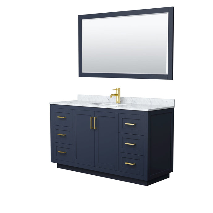 Wyndham Collection WCF292960SBLCMUNSM58 Miranda 60 Inch Single Bathroom Vanity in Dark Blue, White Carrara Marble Countertop, Undermount Square Sink, Brushed Gold Trim, 58 Inch Mirror